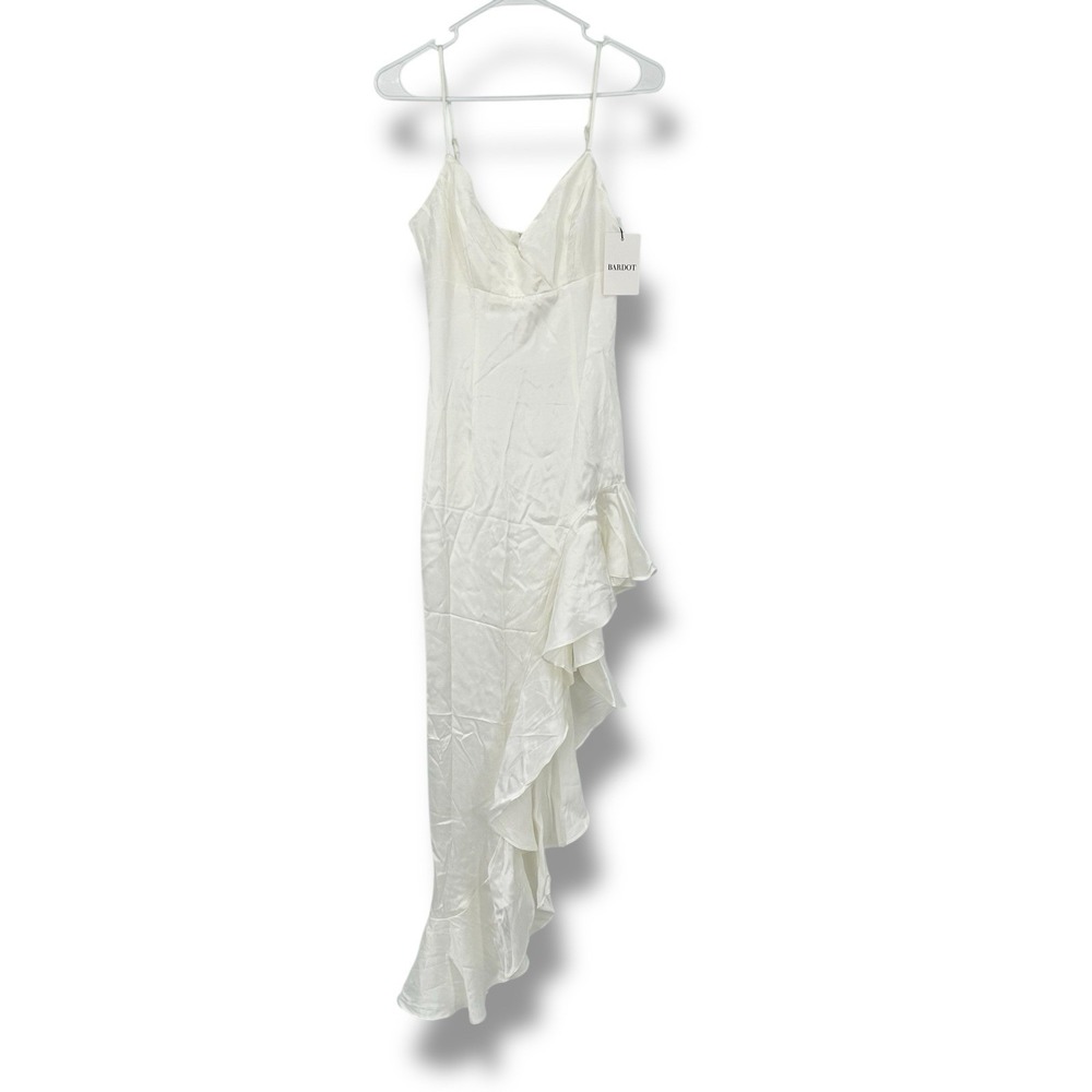 Bardot Ember Midi Dress XS Ivory Satin Slip Asym Ruffle Bridal Coquette NWT - Picture 4 of 16